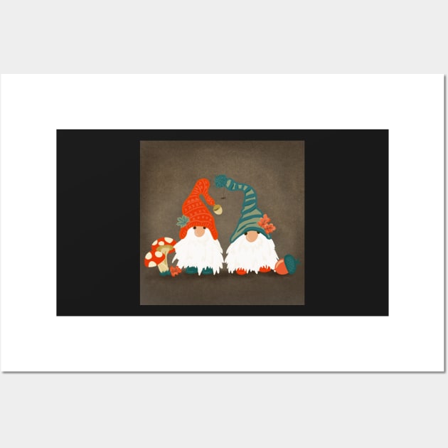 Two Autumn Tomte with Long White Beards and Knitted Hats Wall Art by NattyDesigns